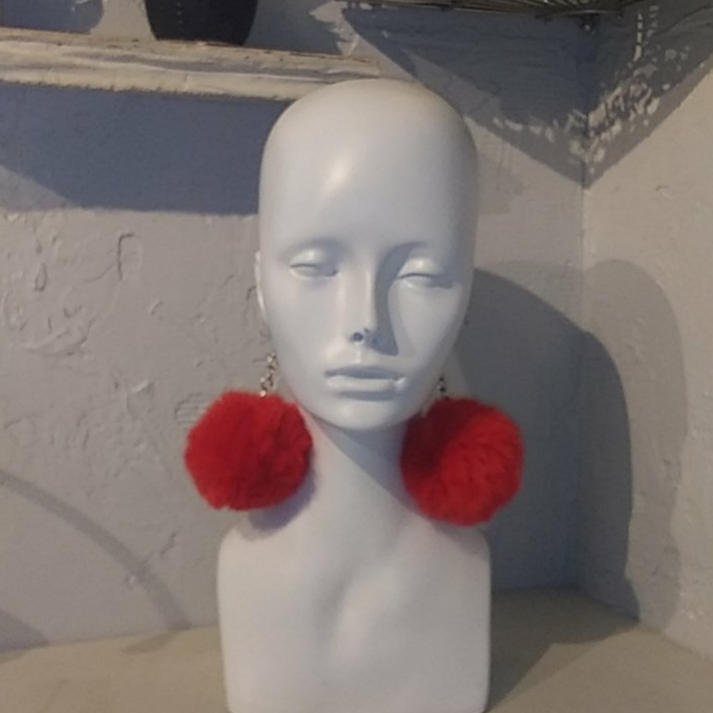 Big Candy Red Fluffy Puff Pom Pom Dangle Earrings